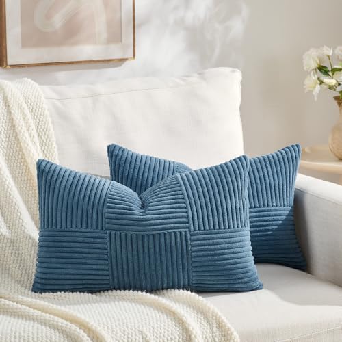 Fancy Homi Set of 2 Dusty Blue Lumbar Boho Decorative Throw Pillow Covers 12x20 Inch for Living Room Bedroom Couch, Modern Farmhouse Home Decor, Soft Striped Patchwork Plaid Corduroy Cushion Case