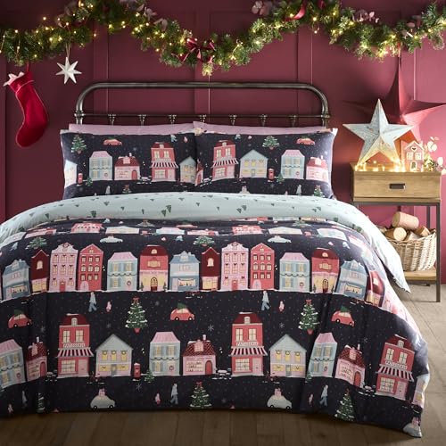 Fusion Christmas Houses Navy Duvet Cover Set Single – Christmas Maximalist Bedding – Super Soft 52% Polyester& 48% Cotton – Includes 1 Duvet Cover (140 x 200cm) & 1 Pillowcase