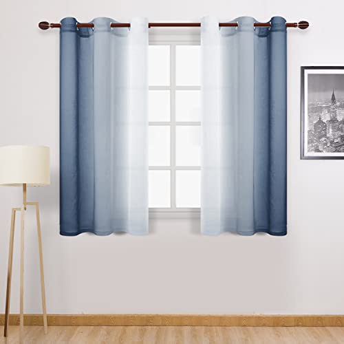 DWCN Blue Faux Linen Ombre Sheer Curtains - Gradient Semi Voile Curtains for Bedroom and Living Room, Set of 2 Grommet Top Window Curtain Panels, 42 x 54 Inches Long, Denim Blue