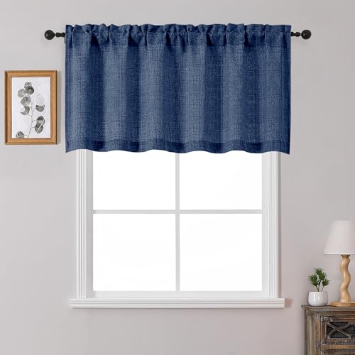 "OWENIE Navy Blue Valances for Windows 1 Pcs 24 Inch Length, Light Filtering Textured Short Small Valance Curtains for Bathroom Basement Living Room, Half Window Curtains Over Sink, 60"" W by 24"" L"