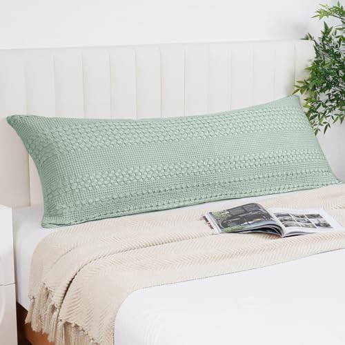 "PHF 100% Cotton Waffle Body Pillowcase with Zipper, 1 Pack 20"" x 54"" Soft Skin-Friendly Pillow Sham, No Filling, Aesthetic Woven and Breathable Waffle Weave Body Pillow Cover for Bed, Sage Green"