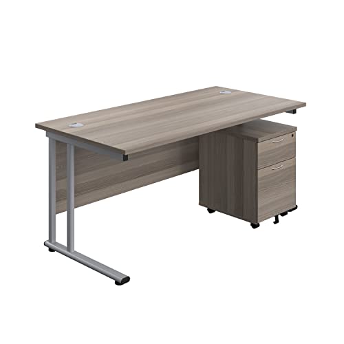 Office Hippo Heavy Duty Rectangular Cantilever Office Desk, Home Office Desk With 2 Drawer Lockable Mobile Pedestal Filing Cabinet, File Cabinet, 5 Yr Wty, Silver Frame, Grey Oak, 180 x 80 cm