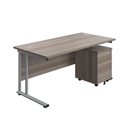 Office Hippo Heavy Duty Rectangular Cantilever Office Desk, Home Office Desk With 2 Drawer Lockable Mobile Pedestal Filing Cabinet, File Cabinet, 5 Yr Wty, Silver Frame, Grey Oak, 180 x 80 cm