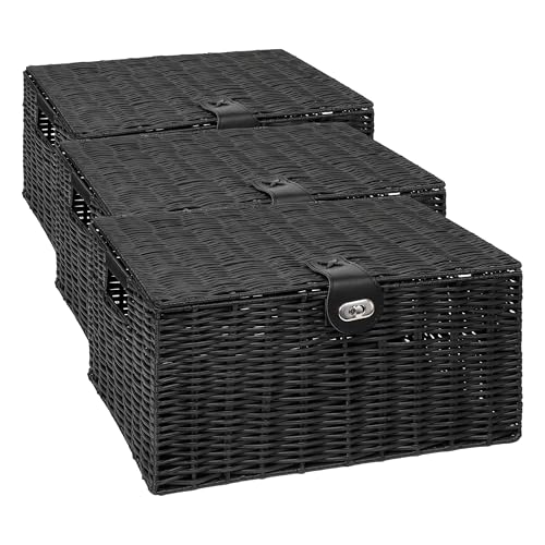 ARPAN Large Resin Woven Storage Basket Box With Lid & Lock - Black (Pack of 3)