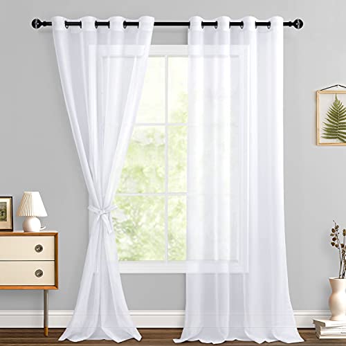 Hiasan White Sheer Curtains with Tiebacks, Semi Transparent Grommet Top Light Filtering Airy Breathable Voile Drapes Solid Curtains for Living Room and Bedroom, W52 x L102, Set of 2 Panels