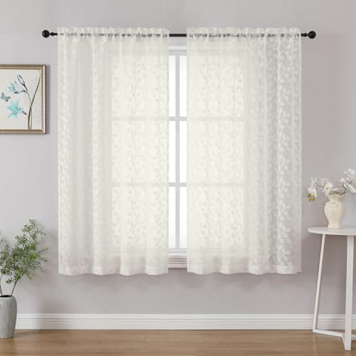"Chyhomenyc Ivory Short Curtains 45 Inch Length 2 Panels, Light Filtering Leaf Textured Window Curtain Panels for Bedroom Living Room, Elegant Rod Pocket Farmhouse Curtains, 30"" Wx45 L, 2 PCS"