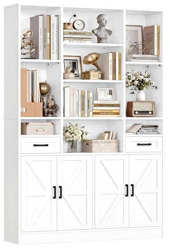 IRONCK Bookcase Bookshelf with Doors & Drawers 190cm Tall Living Room Bookcases,10 Multi-Size Open Compartments, Free Standing Display Shelf, Shelving Storage Unit for Home Office 108×30×190cm, White