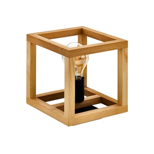 Eglo Bedside lamp Blackcrown, Table Light Fitting Cube, Decorative Living Room and Bedroom Lighting, Natural Design, Black Steel with Wooden Frame, E27 Socket, 20 x 20 cm