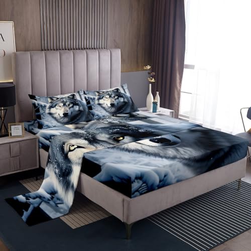 Castle Fairy Wolf Bed Sheet Set Full Size,Nature Wild Animals Deep Packet Sheet 4pcs,3D Print Winter Snow View Bedding Set for Kids Teens Adults Home Decor,White Black Microfiber with 2 Pillowcases