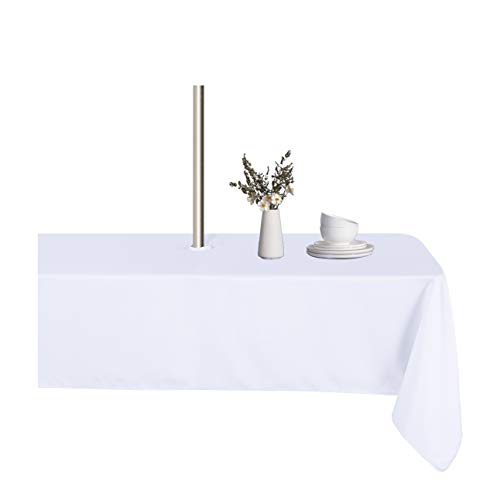 LUSHVIDA Rectangle Outdoor Tablecloth with Umbrella Hole and Zipper, 60x102 Inch White, Washable Waterproof Table Cloth Spill Proof Wrinkle Free Table Cover for Patio Spring Summer Picnic BBQS
