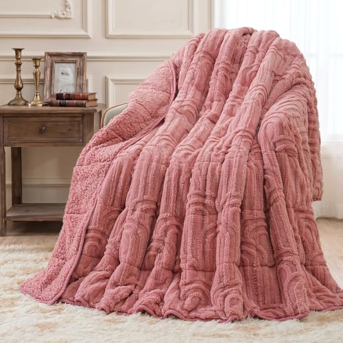 "Wemore Fleece Weighted Blanket 20 lbs, Queen Size 60"" x 80"" Apricot Pink - Dual-Sided Fluffy Sherpa Fleece, for Better Sleep, Relaxation and Calm, Washable, Arch Jacquard, Gift for Women and Men"