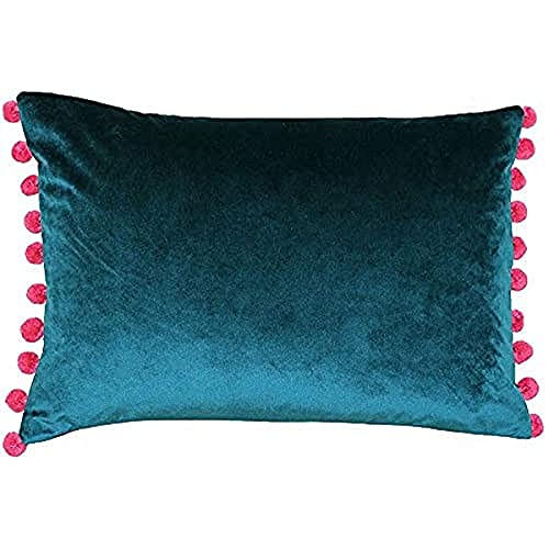 "Riva Paoletti Fiesta Rectangular Filled Cushion Blue Pink Pompom Edges-Faux Velvet Fabric-Discreet Zip Closure-100 Case (14"" x 20"" inches), Polyester, Teal/Berry, 35 x 50cm"