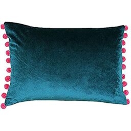 "Riva Paoletti Fiesta Rectangular Filled Cushion Blue Pink Pompom Edges-Faux Velvet Fabric-Discreet Zip Closure-100 Case (14"" x 20"" inches), Polyester, Teal/Berry, 35 x 50cm"