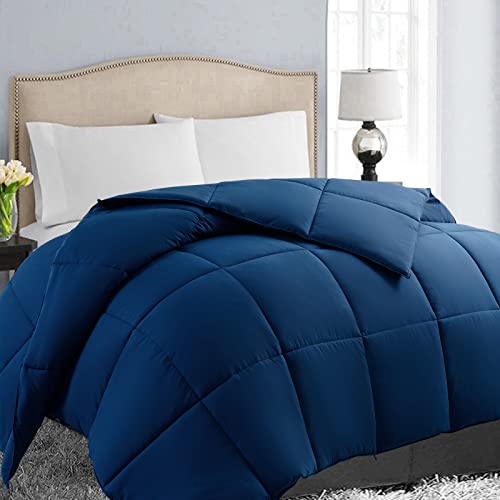 EASELAND All Season Queen Size Soft Quilted Down Alternative Comforter Reversible Duvet Insert with Corner Tabs,Winter Summer Warm Fluffy Hypoallergenic,Navy,88x88 inches