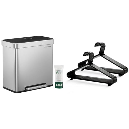 SONGMICS Kitchen Bin, 2 x 30L Stainless Steel Pedal Rubbish Bin with 15 Trash Bags, Recycling & KEPLIN Adult Plastic Coat Hangers - 25pk, Black Colour, Strong Clothes Hangers for Clothes Rail
