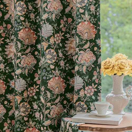 FMFUNCTEX 100% Blackout Emerald Green Curtains 84 Inch Grommet 2 Panels - 100% Black out Drapes, Flower Patterned, Vintage Farmhouse, Grommet Top, Thermal Insulated, for Bedroom Living Room