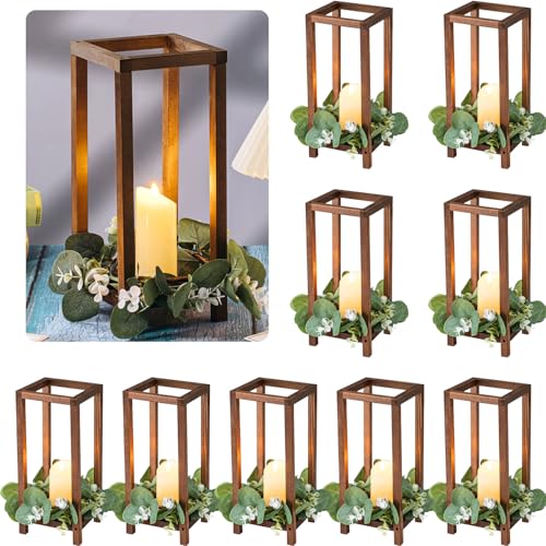Geelin 10 Pcs Wooden Candle Lantern Wedding Lantern Centerpiece for Table Fireplace Candle Holder Decorative Farmhouse Wedding for Baby Shower(13 in,Brown)