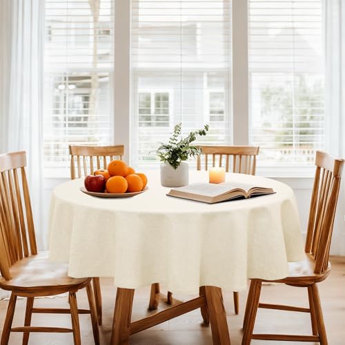 DWCN Round Faux Linen Tablecloth - Textured Waterproof Spill-Proof Wrinkle and Stain Resistant Table Cloth Decorative Fabric Farmhouse Table Cover for Kitchen Dining Party, 60 Inch, Champagne