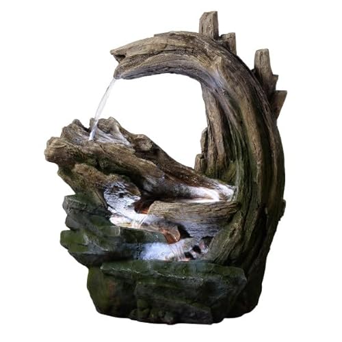 Teamson Home 82 cm Outdoor Garden Fountain with Cascading forest-Inspired Rock and Wood Effect Design with Integrated Led Lighting, Grey