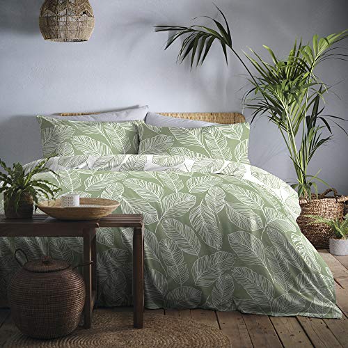 Fusion Matteo Green Leaf Duvet Cover Set – Super King Size 260x220cm – Reversible Botanical Design in White & Sage – Easy Care Bedding with 2 Pillowcases