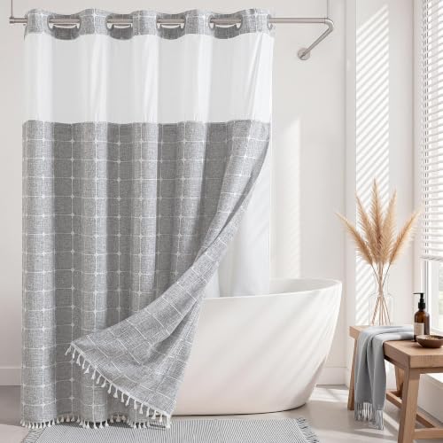 Farmhouse Shower Curtain with Snap-in Liner, No Hooks Needed Fabric Shower Curtains with Tassels for Rustic Bathroom Decor, with Window,with Magnets,Water Repellent&Machine Washable,Grey,71x74Inch