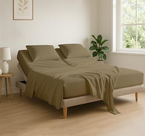 "Cottingon 4 Piece Flex Head King Sheet Set, Top 34 Inch Split Sheets for Sleep Number Adjustable Beds, Soft Breathable 100% Egyptian Cotton, Fits Upto 16"" Deep Mattress 78""X80""+ 34"", Taupe"