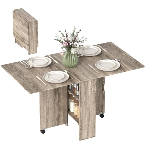 HOMCOM 80-140 cm Folding Dining Table for 4-6 People, Drop Leaf Table with 2-Tier Shelves, Rolling Casters, for Small Spaces, Kitchen, Flat, Dining Room, Grey