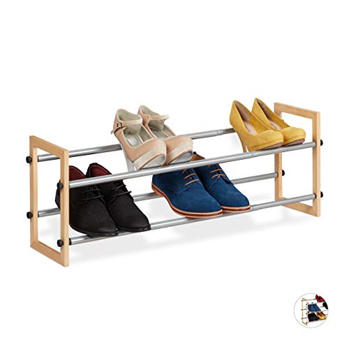 Relaxdays Extendible Shoe Rack, Open Storage Stand with 2 Tiers Wood & Iron, Up to 118 cm, Natural