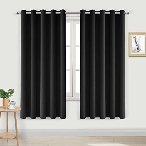 DWCN Black Blackout Curtains for Bedroom, Room Darkening Thermal Light Blocking Curtain for Living Room - 60 x 63 Inches Long, Set of 2 Panels