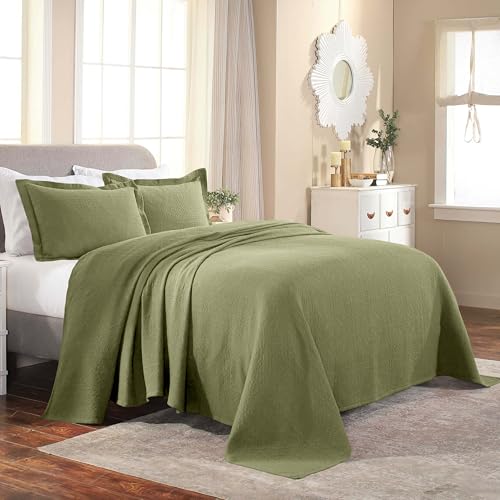 Superior Cotton Fleur De Lis Bedspread Set, Warm Blankets, All-Season Bedding, Bedroom Decor, Decorative Boho Medallion Coverlet, Includes 1 Bedspread, 2 Pillow Shams, King, Sage