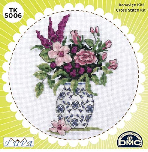 Tuva Tin Kits Decorative Metal Sewing Box, 14ct Aida, DMC Stranded Cotton, Needle, Scissors, Pattern