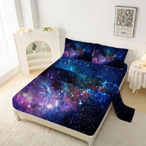 kxry Blue Purple Galaxy Fitted Bed Sheets Set Queen Size for Boys Kids Teens Outer Space Starry Sky Universe Bedding Set 1 Fitted Sheet + 1 Flat Sheet + 2 Pillow Cases