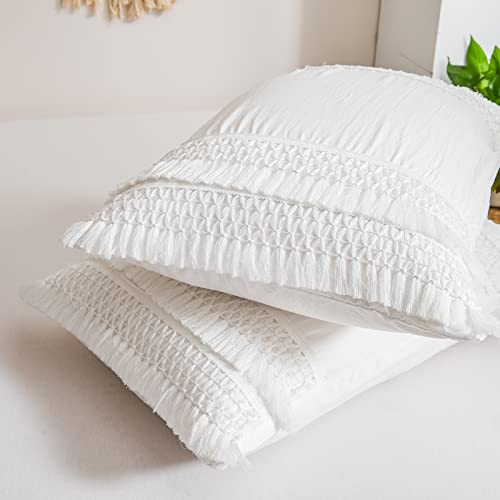 White Pillow Cases King Size Set of 2 White Tassel Pillowcases for Bedroom Decor Soft Washed Microfiber Boho Pillow Covers Farmhosue Double Grid Tassel Pillow Cases with Pocket Closure