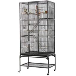 Yaheetech Budgie Cage 77 x 46 x 175.5 cm with Detachable Stand Black - Bird Cage, Parakeet Cage, Powder-Coated Wrought Iron, Slide-Out Tray, Escape-Proof Latch, Bar Spacing 10mm