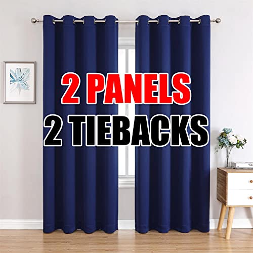 MIUCO 1 Pair Thermal Insulated Grommet 52-Inch-by-84-Inch Blackout Window Curtain Panels with 2 Tie Backs, Navy Blue