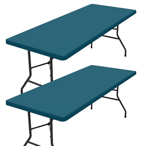 "homing 2 Pack Rectangle Table Cloth, Elastic Fitted Fabric Tablecloth Fits for 6 Foot Folding Tables, Washable Table Cover for Picnic, Camping, Indoor & Outdoor (Peacock Blue, 30"" x 72"")"