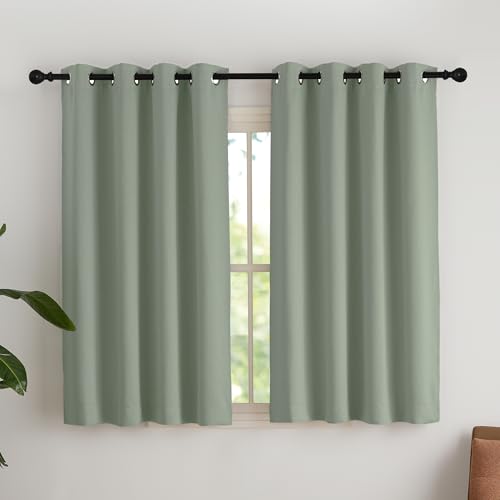 NICETOWN Blackout Curtains Sage Green Opaque Short Curtains with Eyelets Set of 2 H 145 x W 140 cm Thermal Curtain Modern Blackout Curtains