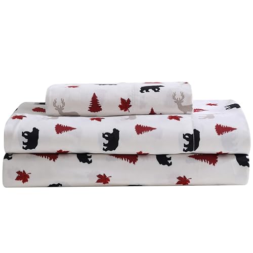 Beatrice Home Fashions Cozy Cabin 3-Piece Twin Microfiber Bedding Sheet Set with Deep Pockets Rustic Patchwork Plaid Deer, Red/Black