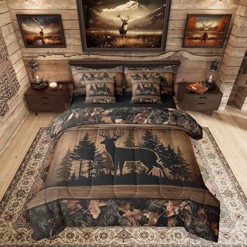 Erosebridal 7 Piece Farmhouse Deer Twin Bed in A Bag Camo Woodland Hunting Comforter Set with Sheets - for Kids Boys Teen Men,Rustic Cabin Bed in A Bag Wildlife Animal Print Bed Set Country Decor