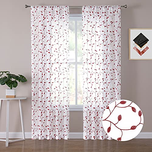 Tollpiz Leaves Sheer Curtains Burgundy Red Leaf Embroidery Living Room Curtain Rod Pocket Voile Faux Linen Embroidered Leaves Curtains for Bedroom, 54 x 72 inches Long, Set of 2 Panels