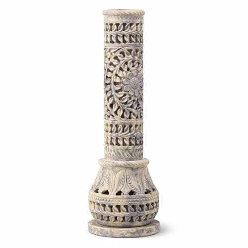 Carry Me Marble Soapstone Incense Stick Holder - Candle Burner - Tea Light Stand - Perfect Handmade Bottle Tower. Decorative Floral Carving for Gifting - Home and Office Decor - (2.5x2.5x10 Inches)