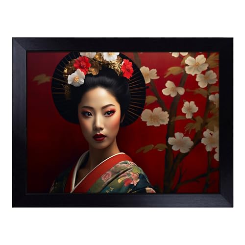Lap Tray with Bean Bag Cushion, Geisha Photograph - Handmade in the UK, Raised Wooden Edge, Padded Cushion, Heat-Resistant Wipe-Clean Surface, for Meals, Laptops and Crafts
