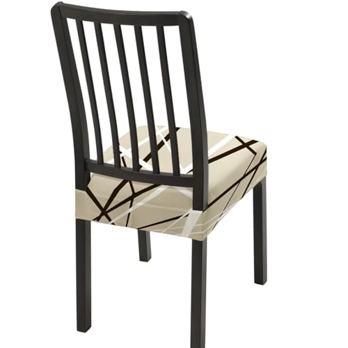 SearchI Stretch Dining Chair Seat Covers Set of 6, Soft Removable Washable Seat Covers for Dining Chairs, Dining Room Seat Cover Slipcover Protector (Rear-Covered, Beige Stripe)