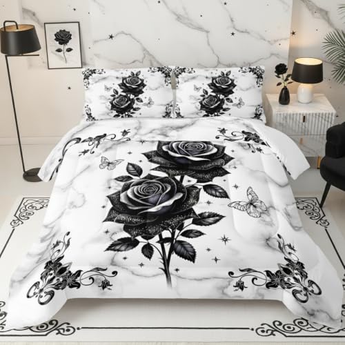 QOOMO Black Flowers Kids Bedding Set,Cartoon Plants Comforter Set Full Size for Boys Girls Teen Room Decorat,Soft Lightweight Bed Set All Season,1 Comforter 2 Pillowcases