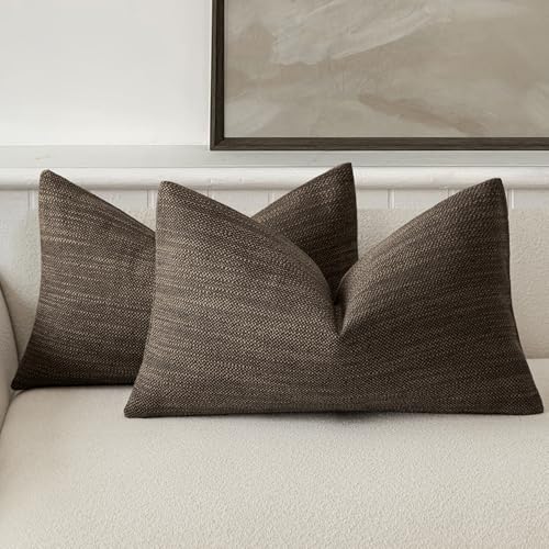 Foindtower Set of 2 Decorative Textured Burlap Linen Throw Pillow Covers Farmhouse Boho Lumbar Cushion Cover Solid Accent Pillowcase for Couch Sofa Bed Living Room Home Decor,12??20 Inch,Chocolate
