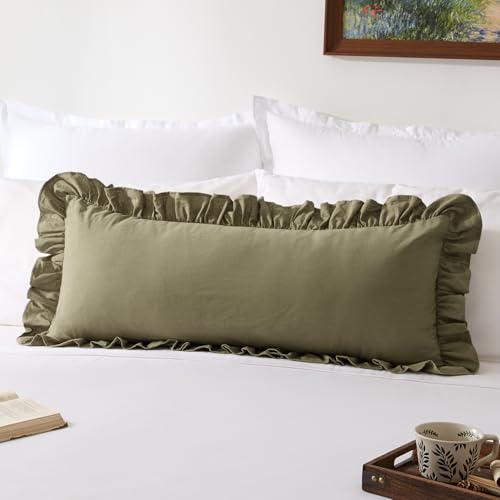 Kevin Textile 14x36 Inch Long Lumbar Pillow Cover 1 Pack 100% Cotton Lace Ruffles Scalloped Decorative Rectangle Cushion Case Soft Body Pillow for Bedding Couch Sofa, Olive Green