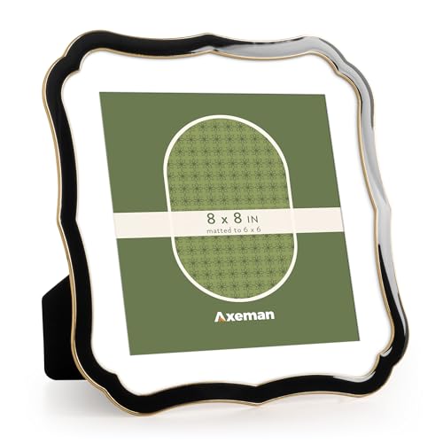 Axeman 8x8 Square Picture Frame with Mat for 6x6 Photo-Tempered Glass-8 x 8 Ornate Enamel Photo Frame with Gold Metal Edge Velvet Back for Tabletop and Wall Mount Display for Shelf & Desk, Black