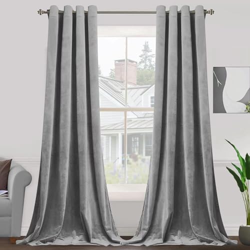 "SMILETIME Grey Velvet Curtains 52""x90"" Grommet 2 Panels - OEKO-TEX rust-proof grommets light filtering heat insulated noise reducing, living room bedroom study, machine washable"