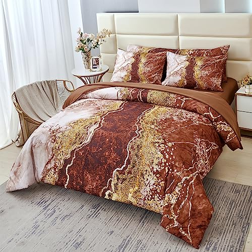 PERFEMET 6 Pcs Marble Comforter Set Queen Coffee Brown Watercolor Marble Printed Quilt Complete Set Luxury Retro Artwork Style Bed in A Bag with Sheet Set(Coffee Brown, Queen)