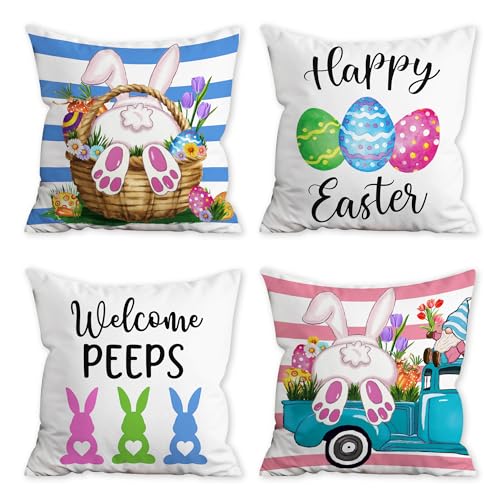 FUTBU Easter Pillow Covers, Easter Decorations Indoor Pillow Covers 20x20 Set of 4 Bunny Eggs Tulip, Easter Decor Blue & Pink Gnome Throw Pillow Covers for Couch Sofa Living Room Outdoor